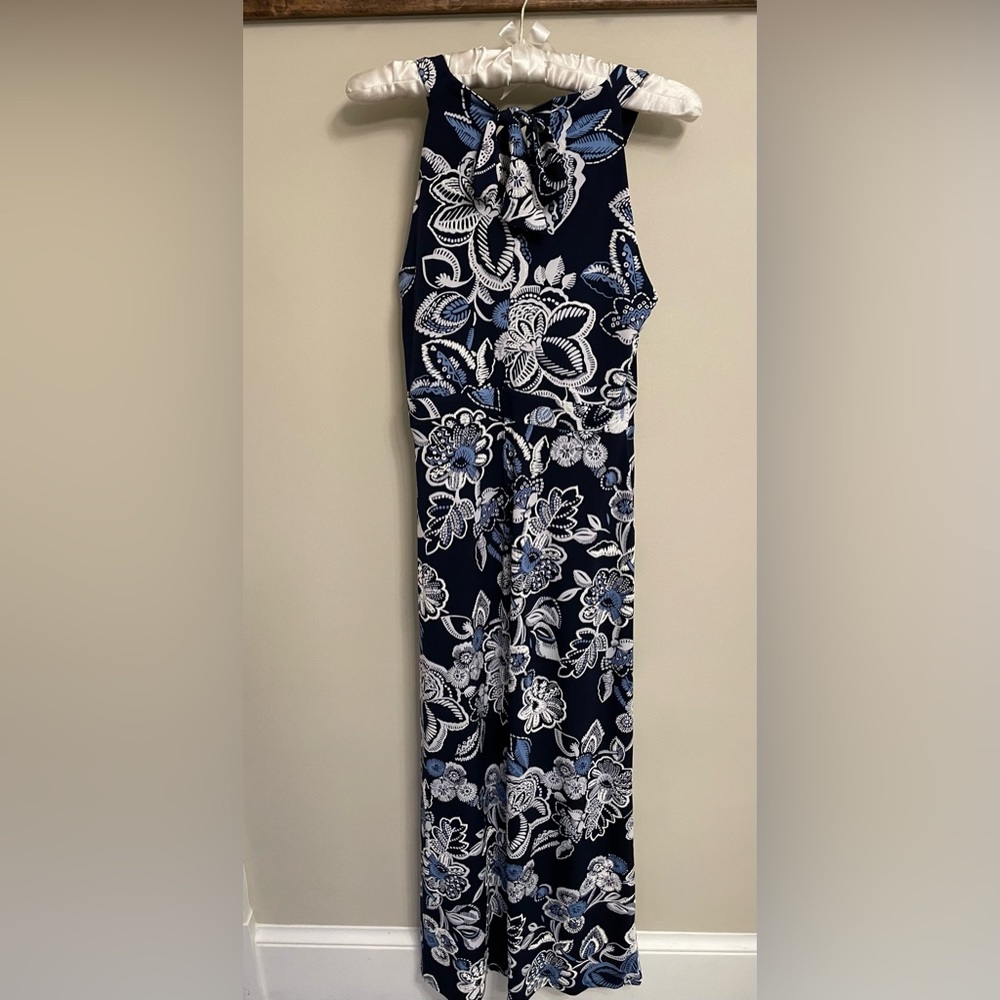 Women’s blue and white sleeveless maxi with empire waist.